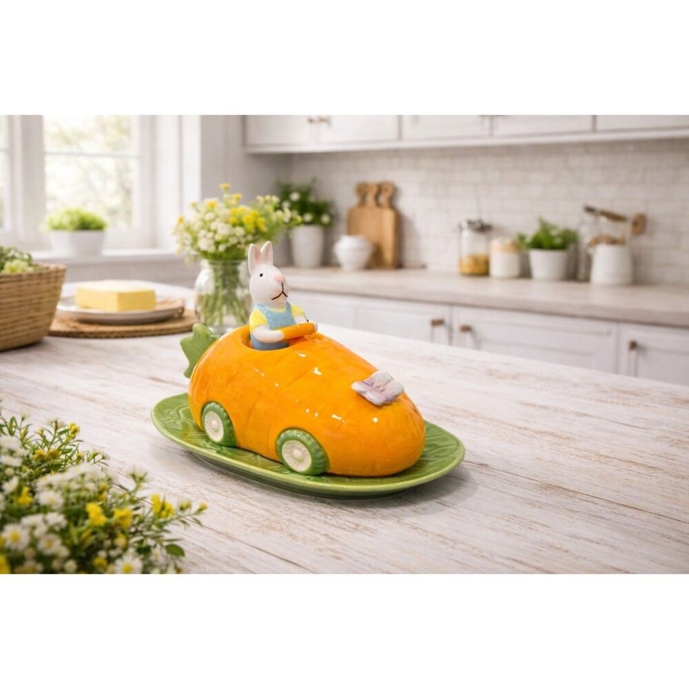 New Ceramic Funny Orange Easter Bunny Driving A Carrot Car Kitchen Butter Dish